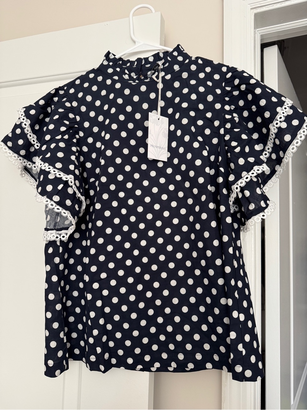 NWT Prosperina Navy Polka Dot Ruffle Sleeve Blouse